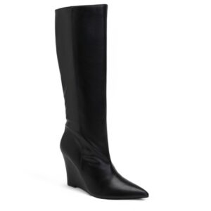 Bottes femme hauteur genou à talon compensé 10 cm, bout pointu, fermeture zippée, design élégant en matière synthétique