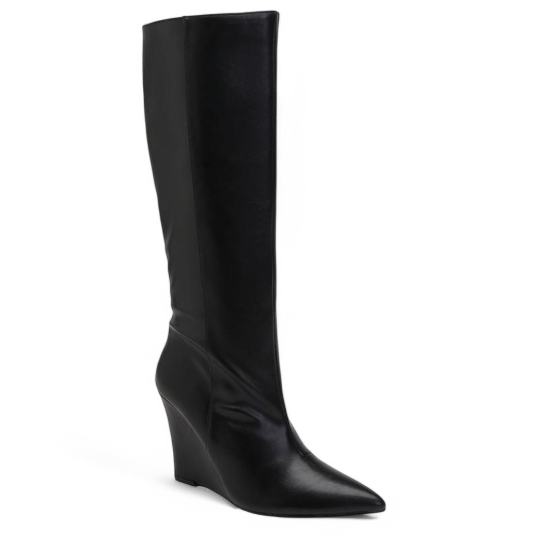 Bottes femme hauteur genou à talon compensé 10 cm, bout pointu, fermeture zippée, design élégant en matière synthétique