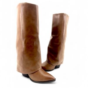 Bottes hauteur genou marron clair effet revers, bout pointu, talon carré 8 cm, en simili cuir.