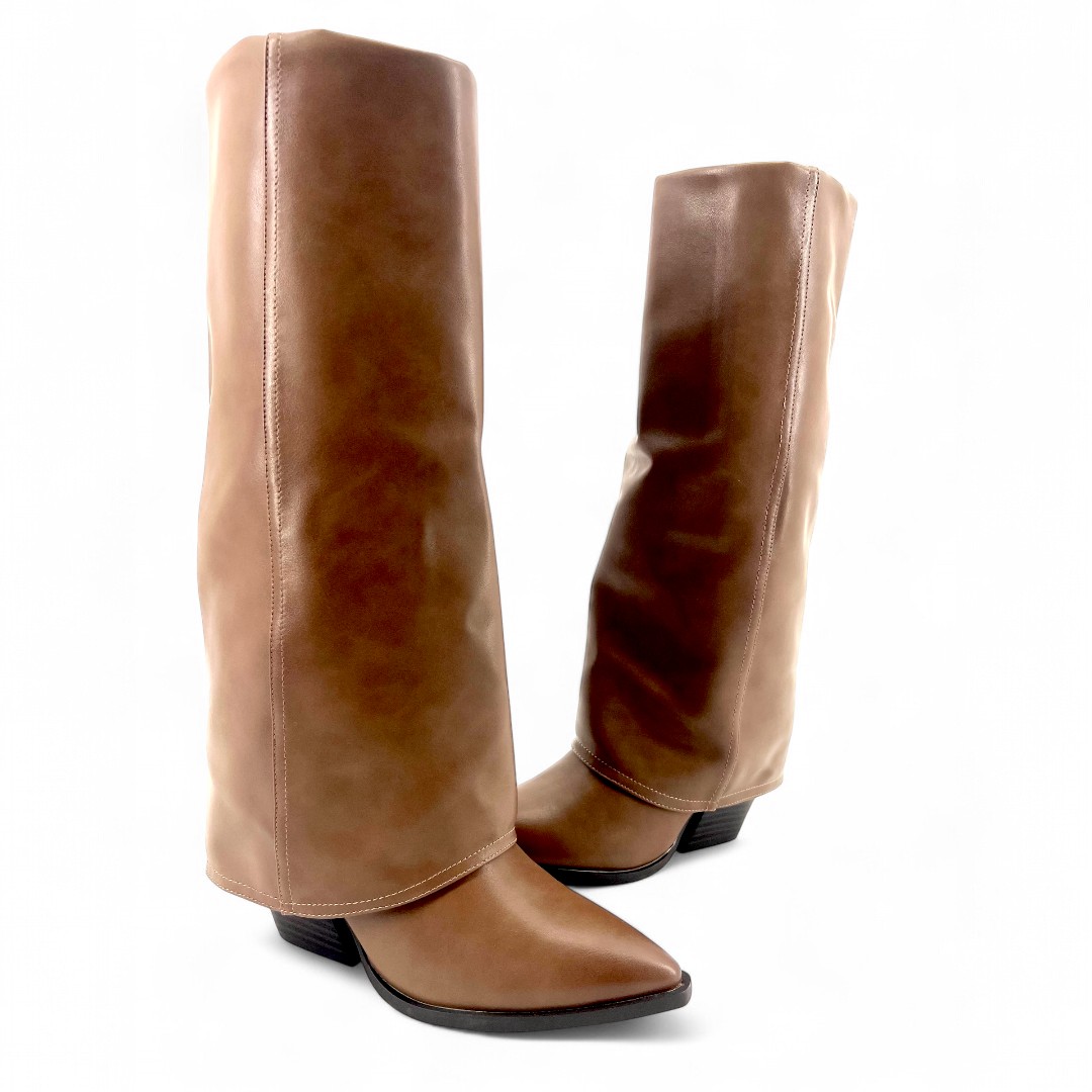 Bottes hauteur genou marron clair effet revers, bout pointu, talon carré 8 cm, en simili cuir.