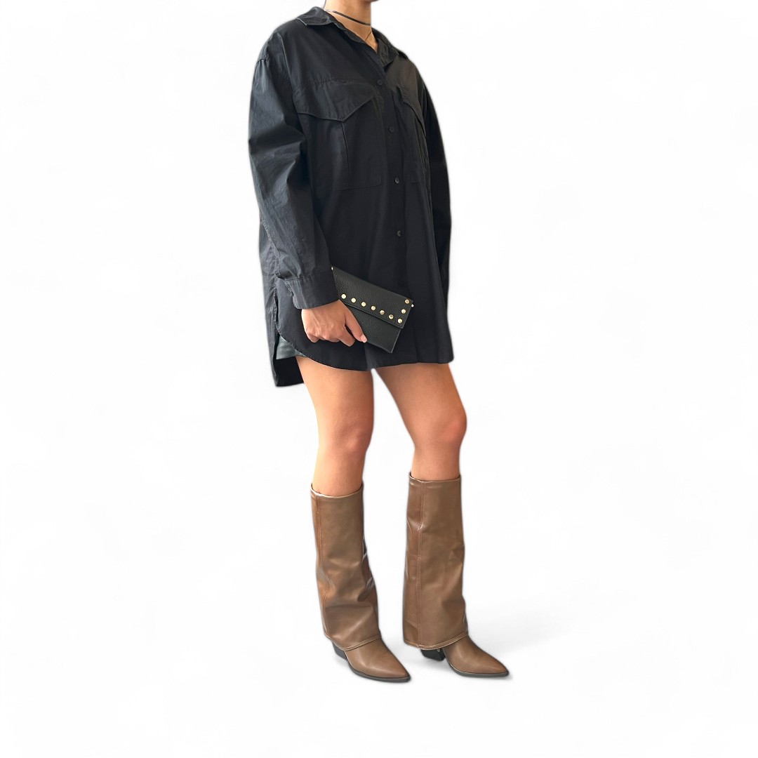 Bottes hauteur genou marron clair effet revers, bout pointu, talon carré 8 cm, en simili cuir.
