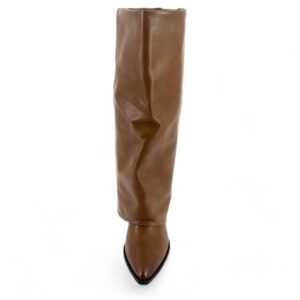 Bottes hauteur genou marron clair effet revers, bout pointu, talon carré 8 cm, en simili cuir.