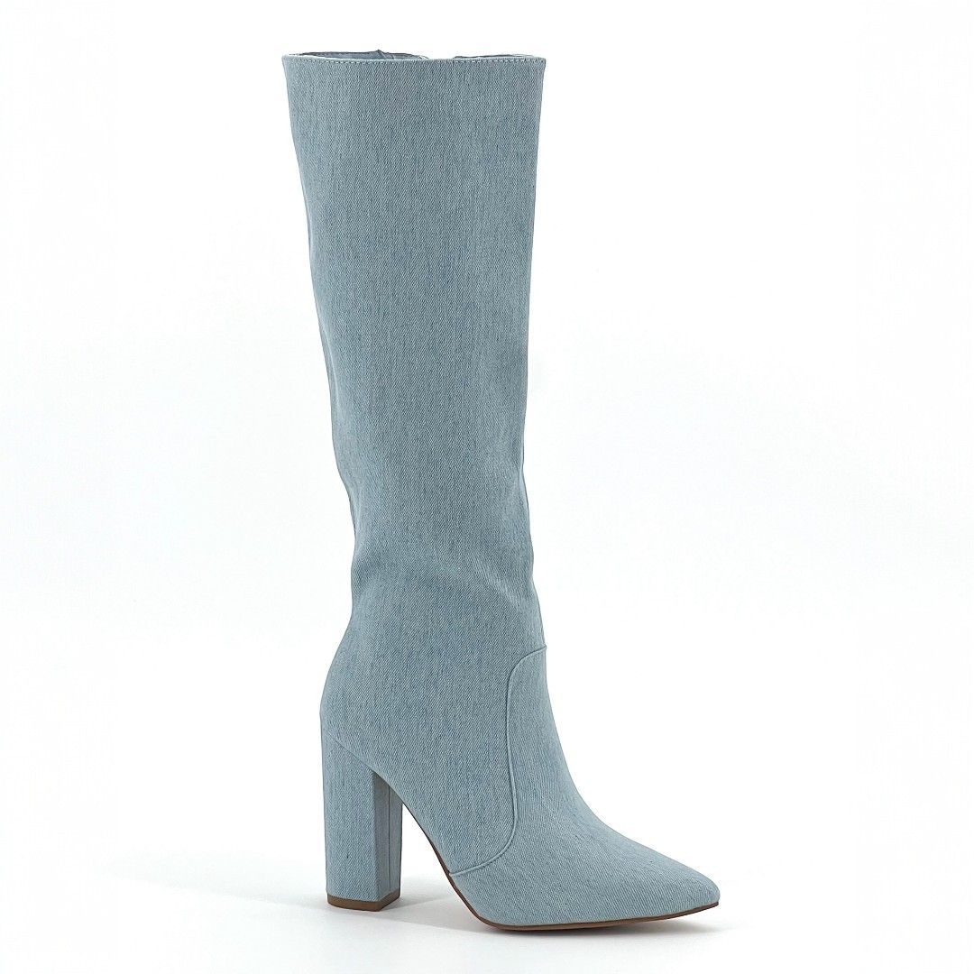 Bottes hauteur genou en jean bleu clair avec talon carré et haut de 10 cm et fermeture zippée