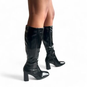 Bottes noires effet vernis à talon carré 8 cm, élégantes et confortables pour femme