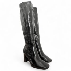 Bottes noires effet vernis à talon carré 8 cm, élégantes et confortables pour femme