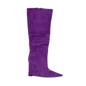 Bottes femme violettes hauteur genou en suédine, talon compensé 10 cm, bout pointu, fermeture zippée, style chic et confortable