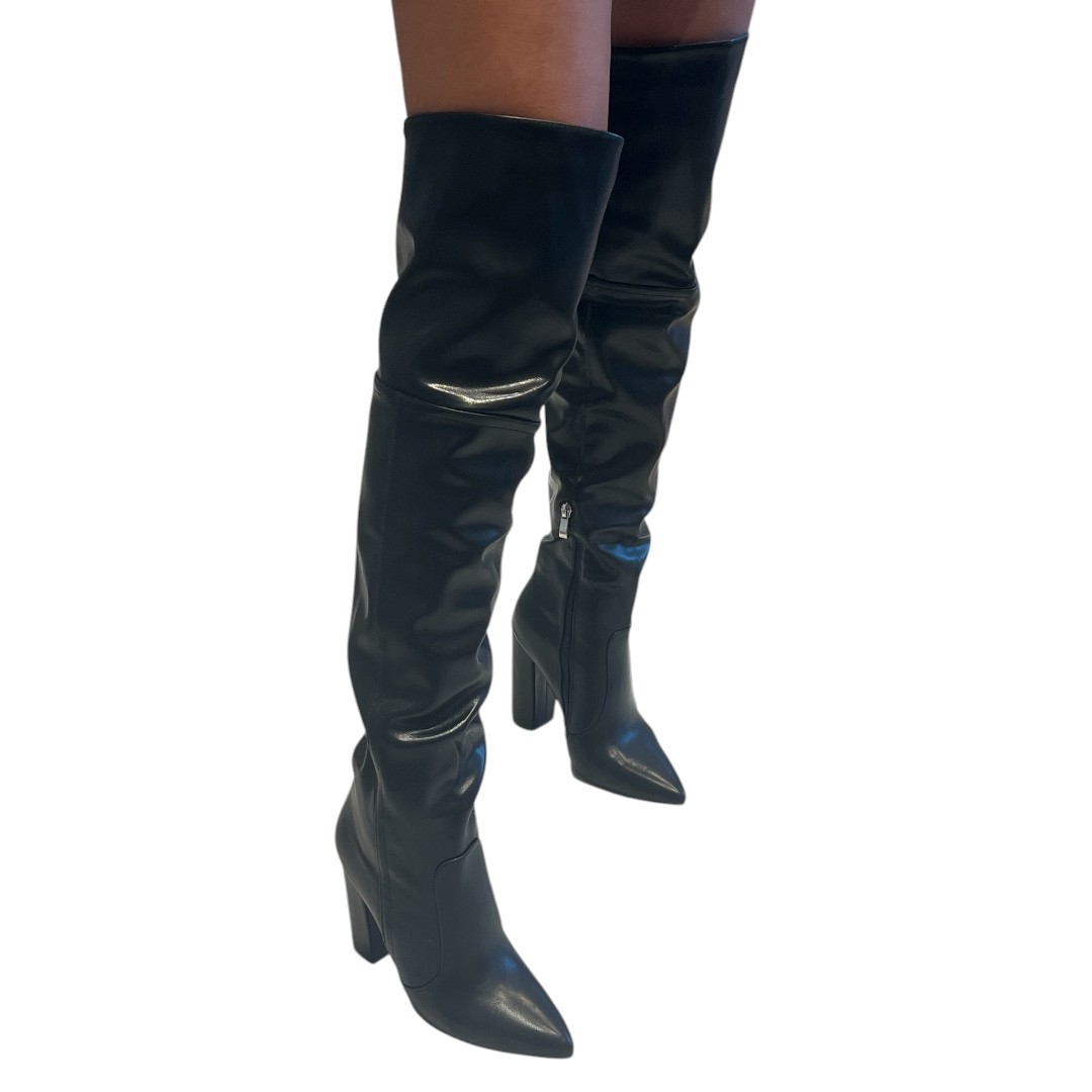 Cuissardes noires femme en simili cuir avec talon carré élégant