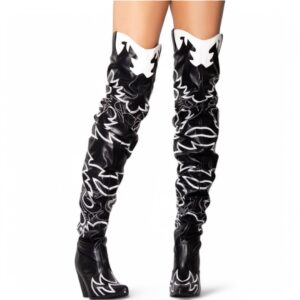 Cuissardes santiags noires femme à broderies blanches et talon 7 cm