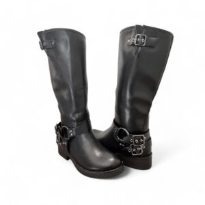 Bottes motardes noires femme hauteur genou avec boucle et semelle épaisse