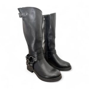Bottes motardes noires femme hauteur genou avec boucle et semelle épaisse