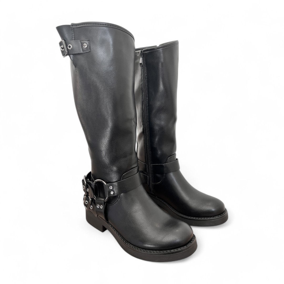 Bottes motardes noires femme hauteur genou avec boucle et semelle épaisse