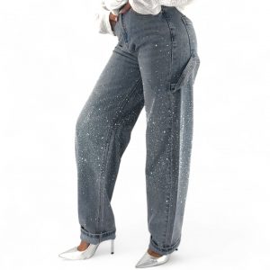 Jean baggy femme strass taille haute tendance