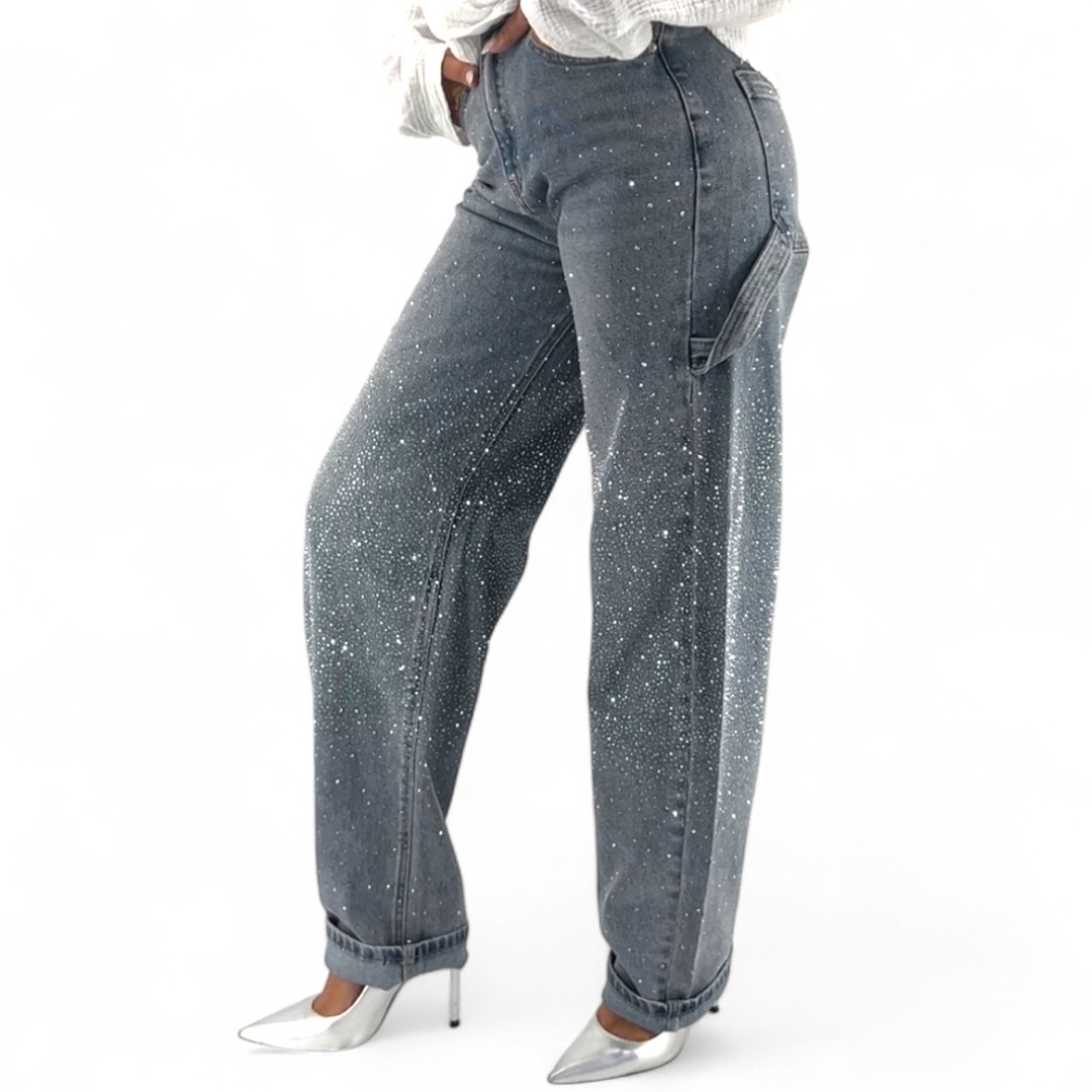 Jean baggy femme strass taille haute tendance