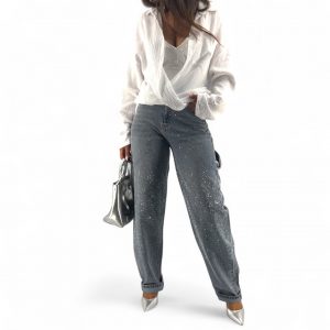 Jean baggy femme strass taille haute tendance