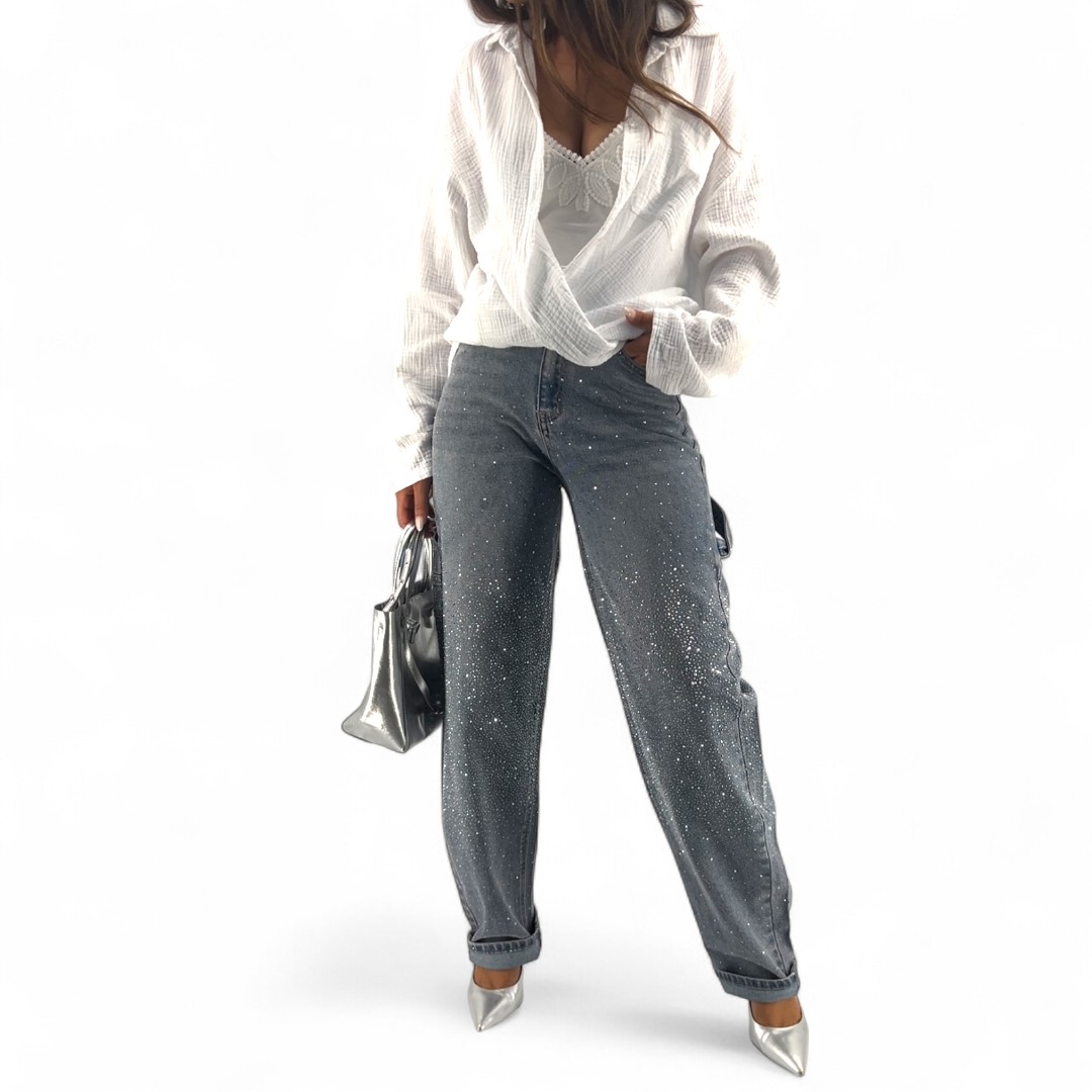 Jean baggy femme strass taille haute tendance