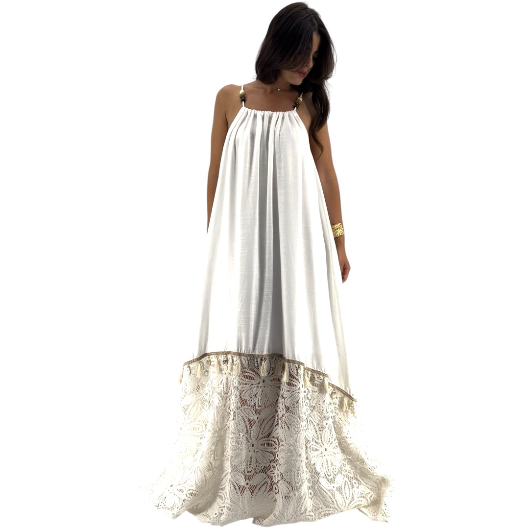 Robe longue été femme en lin et viscose, coloris blanc, fines bretelles réglables, détail brodé en bas