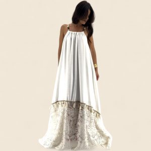 Robe longue été femme en lin et viscose, coloris blanc, fines bretelles réglables, détail brodé en bas