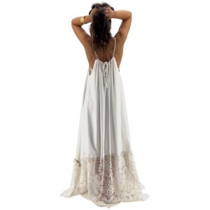 Robe longue été femme en lin et viscose, coloris blanc, fines bretelles réglables, détail brodé en bas