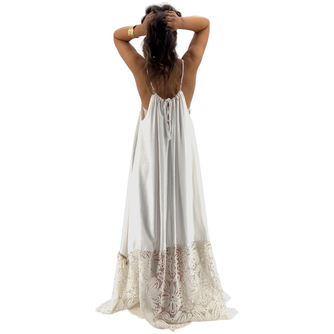 Robe longue été femme en lin et viscose, coloris blanc, fines bretelles réglables, détail brodé en bas