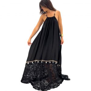 Robe longue été femme en lin et viscose, coloris noir, fines bretelles réglables, détail brodé en bas