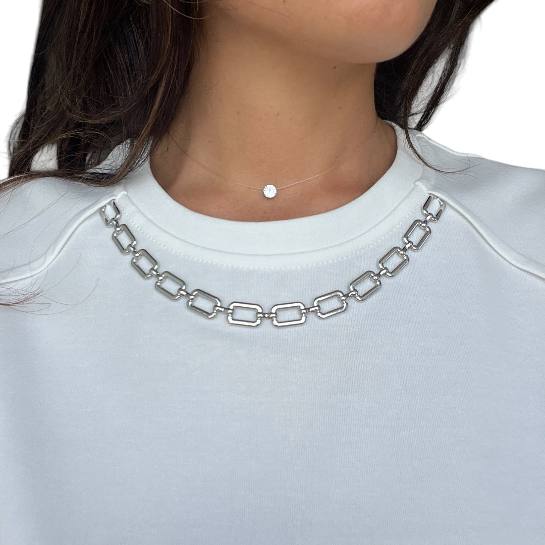 T-shirt blanc femme col bijou silver, coupe parfaite et style chic