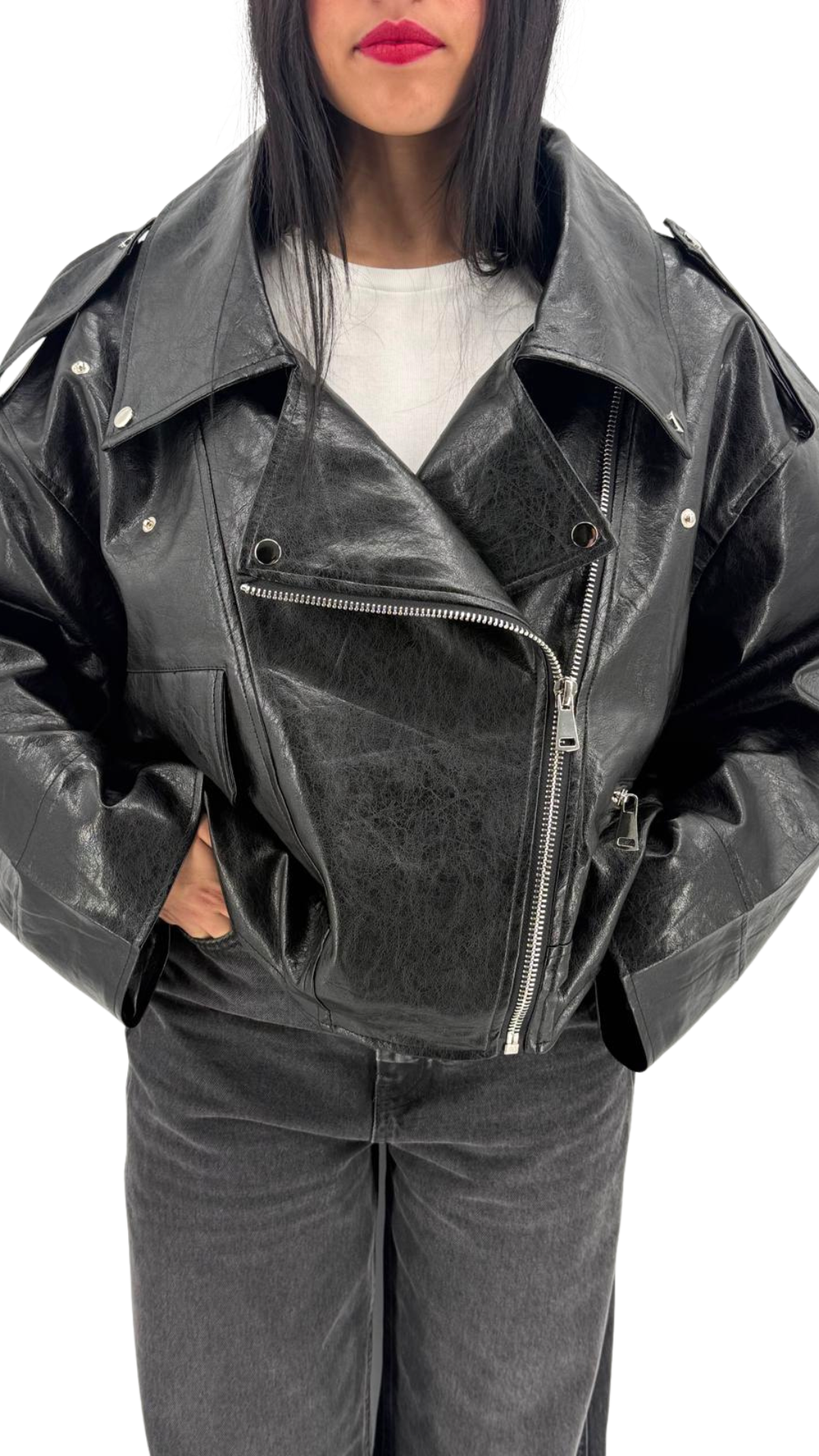 veste en similicuir noire femme oversize