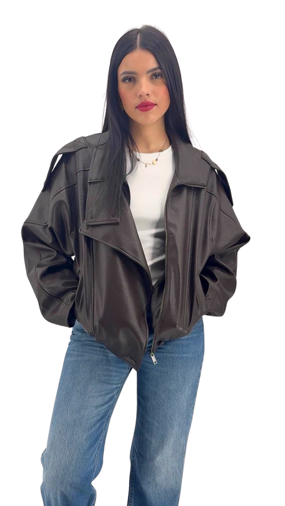 blouson similicuir femme marron