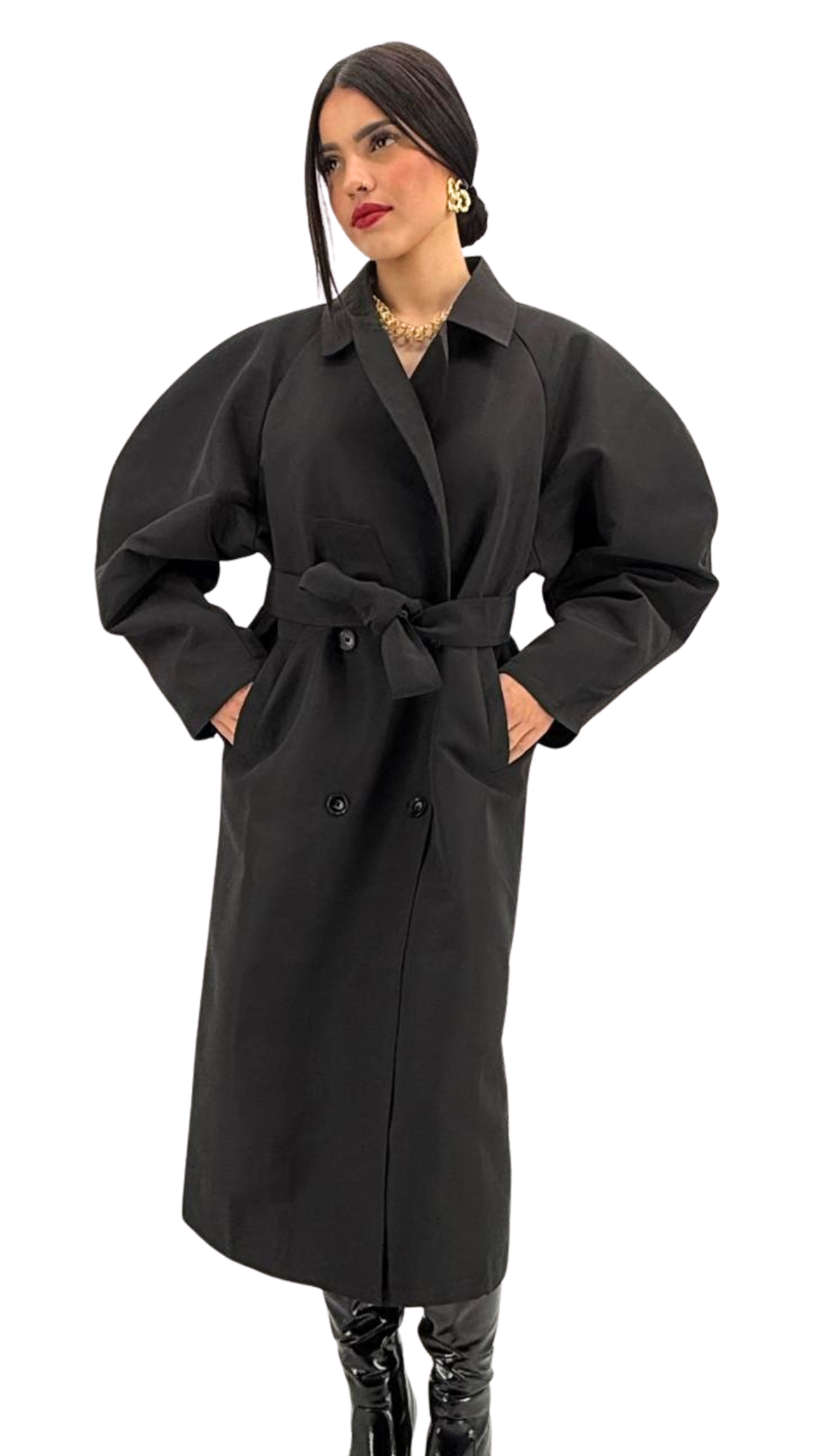 Trench noir long femme avec ceinture – vue de face