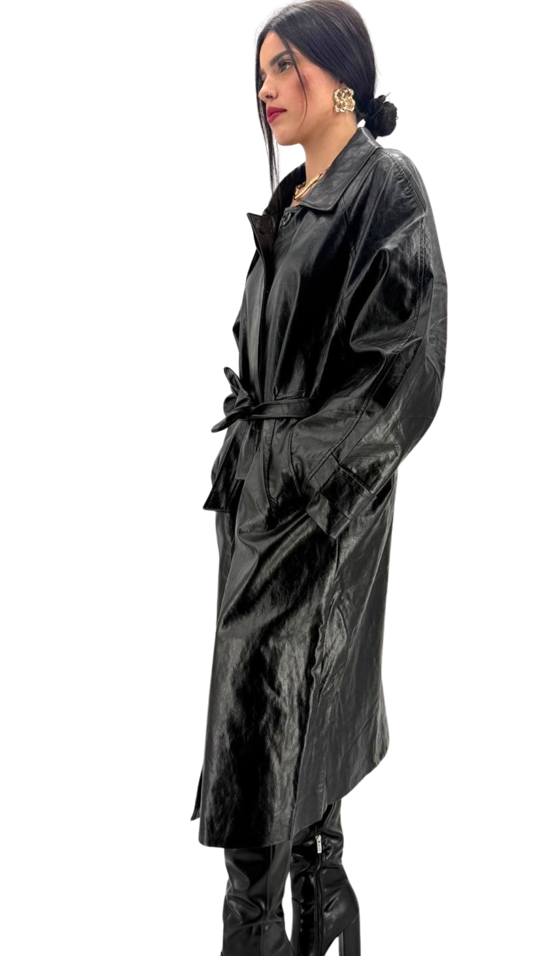 Trench noir cuir vegan pour femme